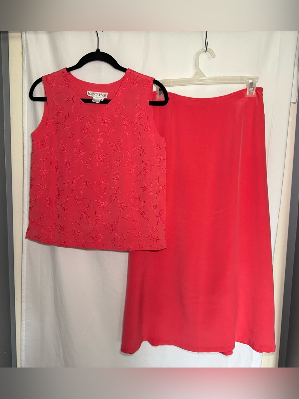 Vtg Barrie Pace 100% Silk 2 Pc Skirt Set 4 Coral Butterfly Satin Embroidered 90s